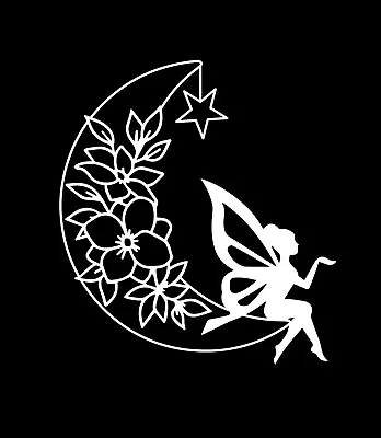 Fairytale Fairy Flower Moon Silhouette White Vinyl Decal Sticker • £0.99