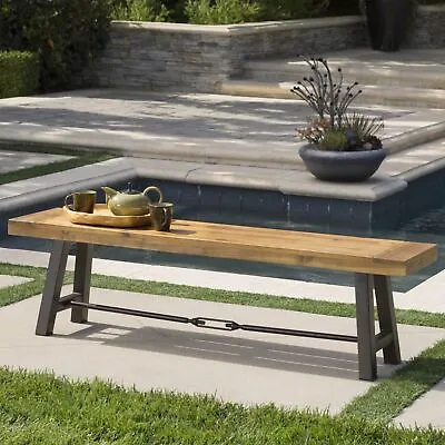 Cana Outdoor Teak Finished Acacia Wood Bench With Rustic Metal Accents • $186.36