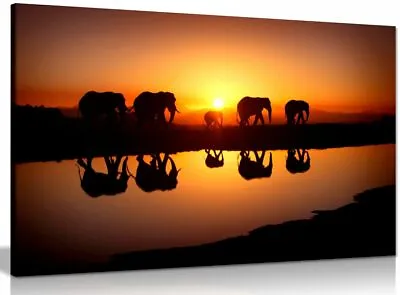 African Sunset Elephants Nature Wildlife Canvas Wall Art Picture Print • £34.99