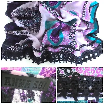 NEW ANNA SUI SCARF SHAWL WITH EDGE LACE BLACK/PURPLE Sz-LARGE • £53.20