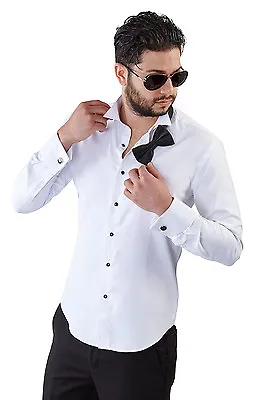 New Mens White Tailored Slim Fit White Wing Tip Tuxedo Shirt French Cuff AZARMAN • $39.99