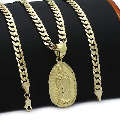 Mens 18k Gold Plated  Guadalupe  Hip-Hop Pendant 6mm Cuban Chain Necklace  • $19.99