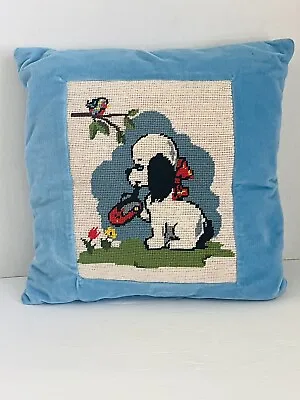 Vtg Dog Puppy Needlepoint Pillow 13” Square Velvet Kitsch Mid Century Handcraft • $40