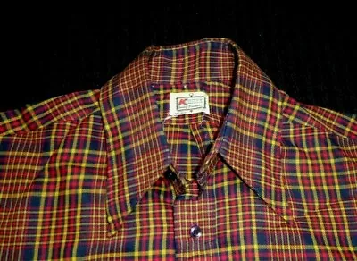 Vtg 60s 70s K Mart Long Sleeve Button Front Shirt BLue Red Plaid Sz M 15-15.5 • $49.56