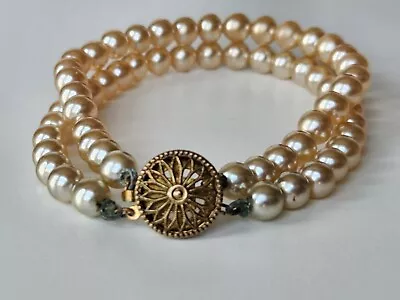 Vintage FAUX PEARL Double Strand Bracelet W/ Round Sterling Silver Clasp 7.5  • $14.99