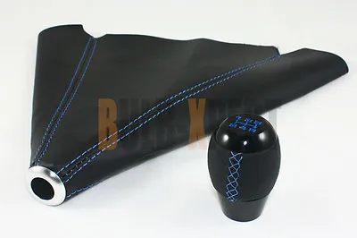 M10 X 1.5 Blk 5 Speed Shifter Knob Blue Stitching + Leather Shift Boot For Honda • $27.59