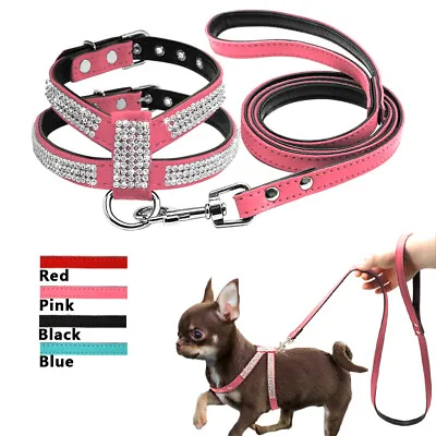 £8.89 • Buy Suede Leather Bling Rhinestone Dog Harness Vest Leads Leash For Small Pet Puppy