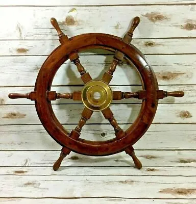 £44.88 • Buy OLD LOOK 18'' Pirate Wooden Ship Wheel Vintage Boat Nautical Decor Brass Center