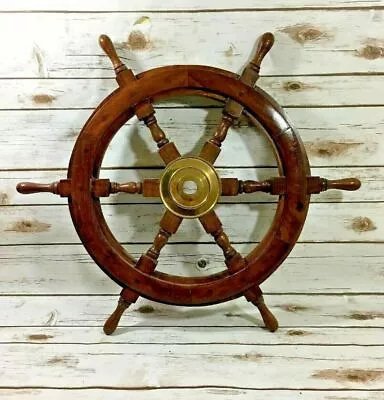 OLD LOOK 18'' Pirate Wooden Ship Wheel Vintage Boat Nautical Decor Brass Center • $43.97