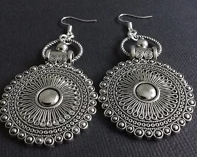 £3.99 • Buy Tibetan Silver OVERSIZED Ethnic Disc Earrings Boho Chic Gypsy Bohemian Dangle