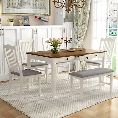 Mid-century 6 Piece Wooden Dining Table Set With 4 Upholstered Chairs And Bench • $759.99