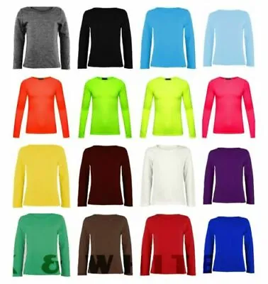 Girls Kids Basic Long Sleeve Top Kids Plain Neon School Tee Tops T-Shirt 2-13 • £5.45