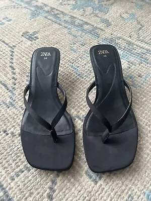 Zara Black Thong Sandals Heels Sz 36/ 6 Kitten • $20