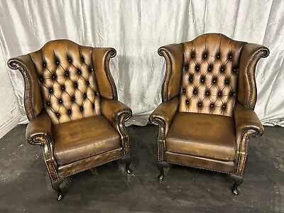 Chesterfield Queen Ann Chairs In Antique Whiskey Brown • £995