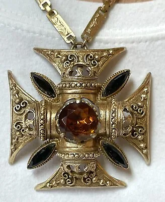 VTG Florenza Maltese Cross Pendant Necklace Gold Plate Original Chain  Must See! • $119.95