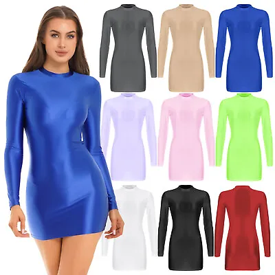 UK Womens Oily Glossy Micro Mini Dress Long Sleeve Bodycon Dress Mock Neck Dress • £8.39