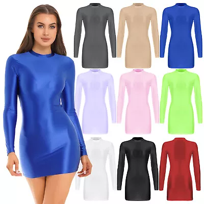 £8.39 • Buy Womens Oily Glossy Micro Mini Dress Long Sleeve Bodycon Dress Mock Neck Dress