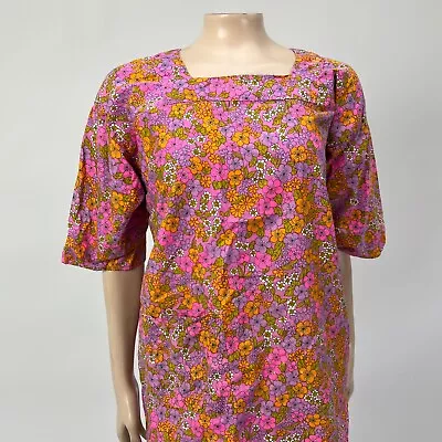 VINTAGE 60's Takabashi SMOCK APRON Funky Japan Cotton Floral Hippie Bright A3-29 • $15.99