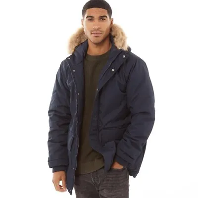 New Mens Parka Coat Fur Hood Size XL. French Connection Marine Navy Blue Jacket  • £34.99