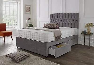 £121.36 • Buy Suede Memory Foam Divan Bed Set With Mattress Headboard 3ft 4ft6 Double And King