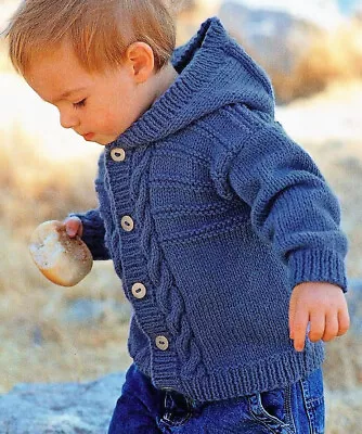 Baby Boys Girls Hooded Cable Jacket Cardigan Collar KNITTING PATTERN Aran 18 -28 • £2.15