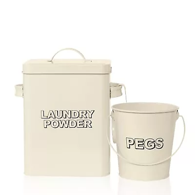 Vintage Retro Laundry Powder Container Washing Tin Tablet Storage Box + Peg Can • £10.85