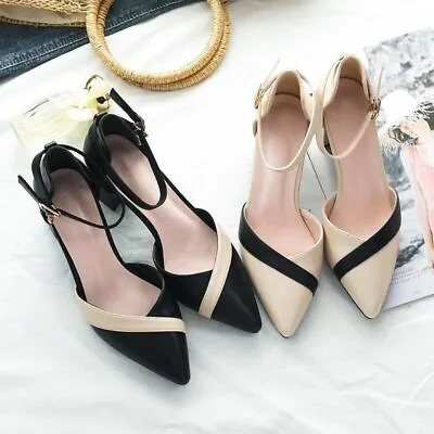 Women Square Heel Pumps Pointed Toe Ankle Strap High Heels Casual Shoes Fashion • $28.44