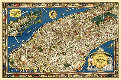 1920s Pictorial New York City Map Of Manhattan - 24x36 • $25.95