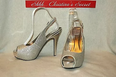 MICHAELANGELO Heels Peep Toe Shoes Slingback Silver Glitter Platform  Sz 8.5 *VG • $22.44