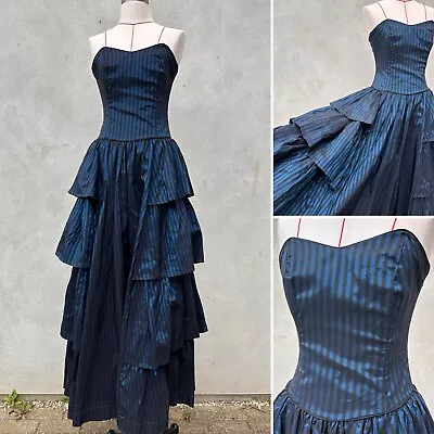 Laura Ashley Maxi Dress Victorian Costume Navy Striped Sleeveless Corset UK 6 • $124.34