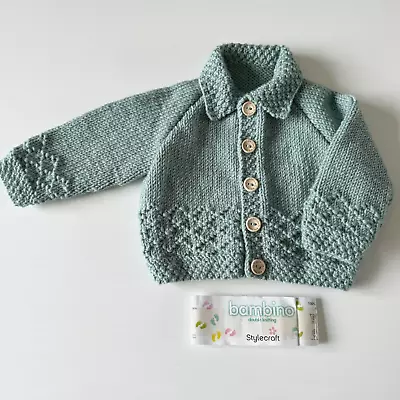 Hand Knitted Sage Green Diamond Cardigan 0-3 Months Finished With Wooden Buttons • £12