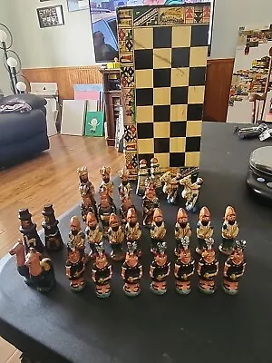 Handmade Chess Set Aztec Mayan Incas VS Spanish Conquistadors 10”X10” Board Box • $29.99