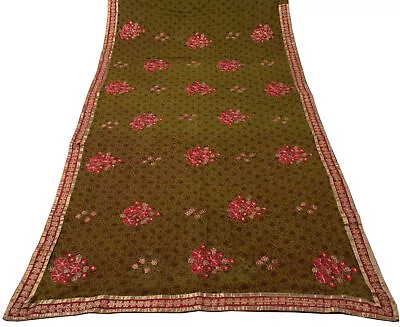 Sushila Vintage Green Saree Pure Georgette Silk Embroidered Floral Sari Fabric • $32.99