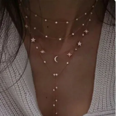 Necklace Multi Festival Layer Long Star Chain Choker Pendant Gold Charms UK • £5.19