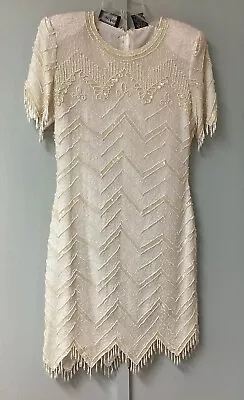 Vintage Robert Anthony Sequin Dress Size 6 Silk 1920 Theme Fringe Sequins Ivory • $60