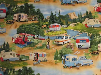 Retro Vintage Trailer Retro Trailers Truck Mountains Cotton Fabric Fq  • $3.18