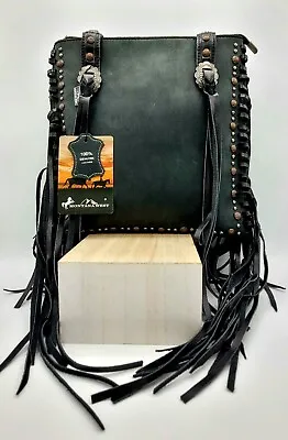 MONTANA WEST Black Genuine Leather Concealed Carry Shoulder Bag With Fringe NWT • $85