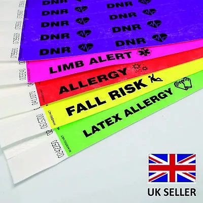 Medical TYVEK Paper ID WRISTBANDS Fall Risk Latex Allergy DNR Limb Alert Allergy • £3.29