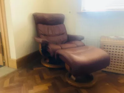 Brown Leather Lazy Boy Recliner / Swivel Arm Chair + Foot Stool • £80