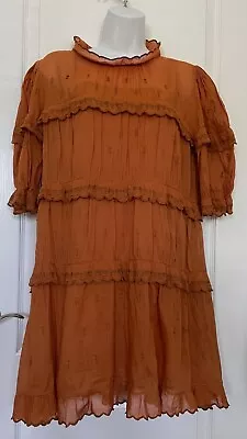 Isabel Marant Etoile MAIWENN Embroidered Burnt Orange Mini Tiered Dress Size 6 • $78