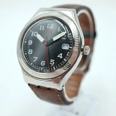 Vintage Swatch Swiss Irony Stainless Black White Date Dial Leather W New Battery • $44.99