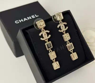 Chanel Earrings Cc Logo Stud Dangle Crystals Rhinestones Gold Tone • $269