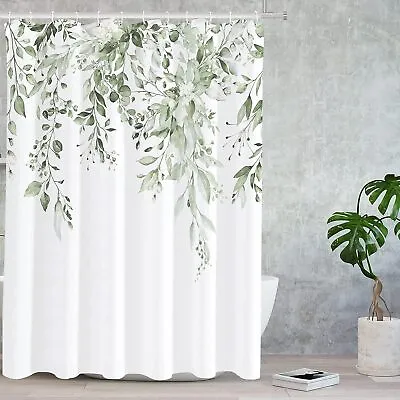 Tititex Black Eucalyptus Shower Curtain Sets Watercolor Grey Leaves On The Top  • $43.73