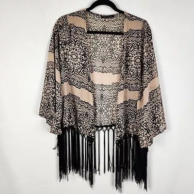 Love Culture Womens Boho Kimono Size S/M 14 Brown Black Fringe Festival Bell Slv • $18