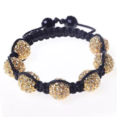 White Crystals Yellow Gold Tone Macrame Beaded Ball Bracelet • $9.99