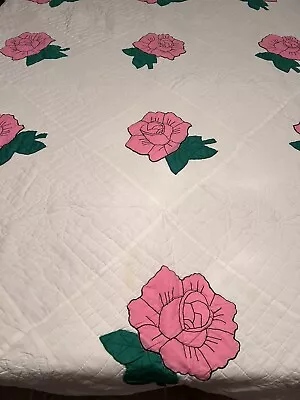 Vintage Handmade Hand Quilted Applique Pink Rose Quilt 64x87 Twin #14 • $22.95