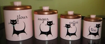 $120 • Buy Vintage Ransburg MCM Pink Canister Set W/Copper Lids - Restored W/Mod Black Cats