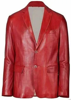 NEW Men's 100% Genuine Sheepskin Leather Blazer Formal Wear Red Two Button Coat • $123.67