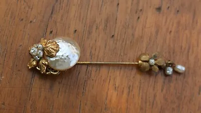 Vintage Singed MIRIAM HASKELL Gold Tone Flower & Pearl Stick Hat Pin • $89