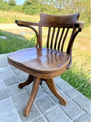 Thonet Antique 1900s Vintage Dark Oak Captain Bergere Swivel Office Elbow Chair • £700